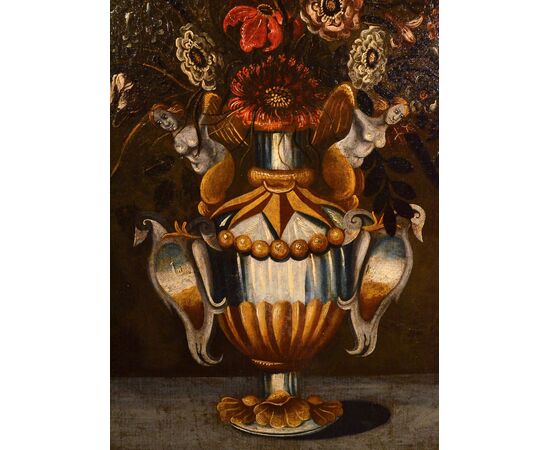 Natura morta di fiori in un vaso classico, Maestro del vaso a grottesche (attivo a Roma e Napoli nel primo quarto del XVII secolo)