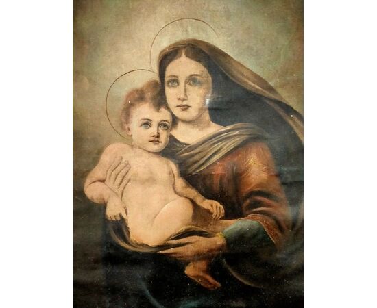 Olio su tela italiano Napoletano raffigurante "Madonna con bambino Gesù"