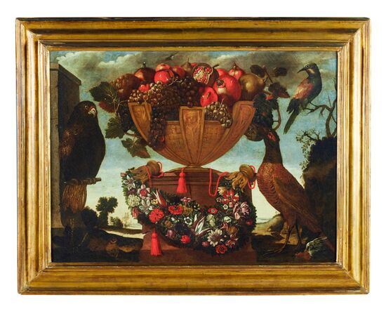 Bacile colmo di frutti in paesaggio con volatili -  Roma, XVI° secolo