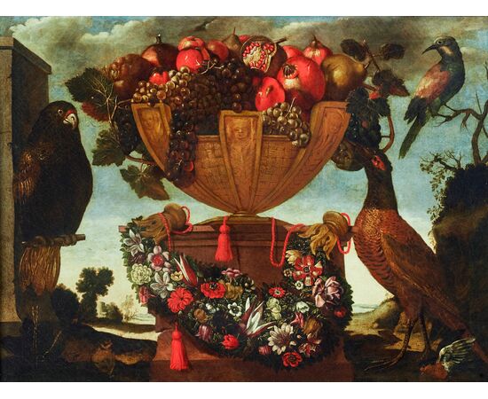 Bacile colmo di frutti in paesaggio con volatili -  Roma, XVI° secolo