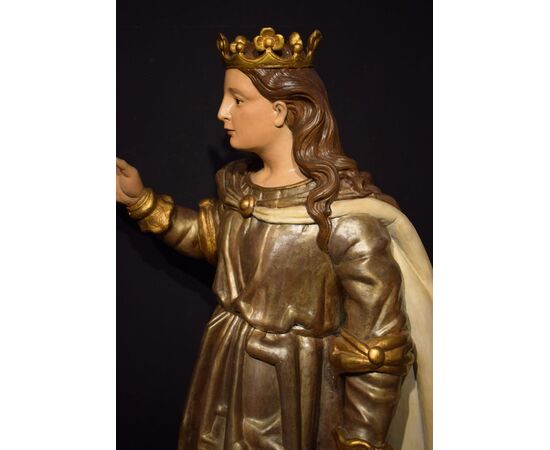 "Santa Caterina" Grande scultura lignea policroma e argentata