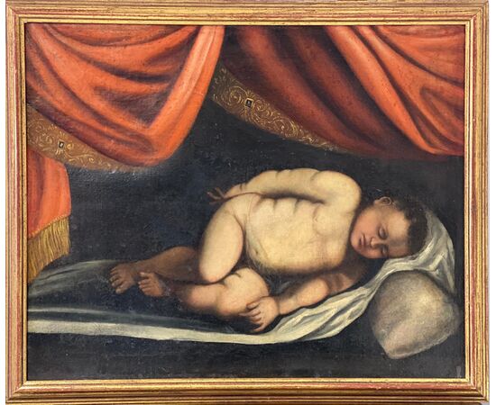 Cupido dormiente, olio su tela fine XVII sec., pittore caravaggesco del nord Italia