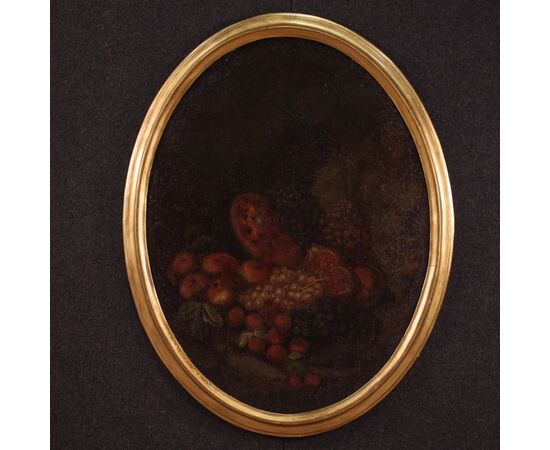 Antico dipinto ovale natura morta del XVIII secolo