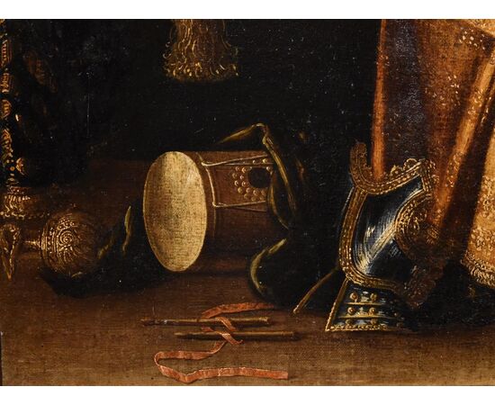 Natura morta armature, strumenti musicali e oggetti preziosi, Francesco Noletti detto il Maltese (Malta 1611-Roma 1654) Bottega/cerchia di