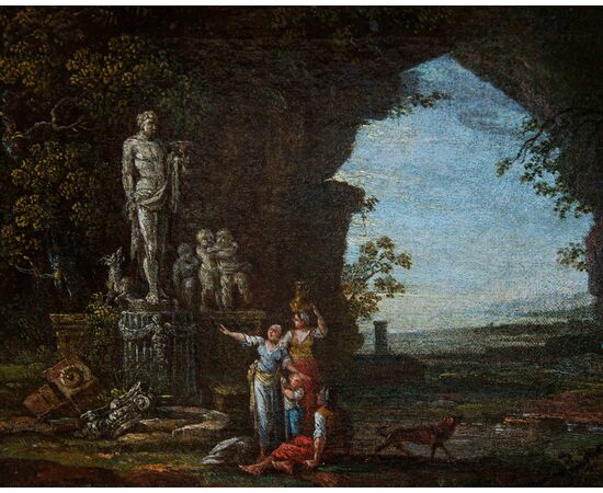 Scuola romana, XVII secolo, Coppia di paesaggi con rovine antiche e personaggi