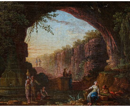 Scuola romana, XVII secolo, Coppia di paesaggi con rovine antiche e personaggi