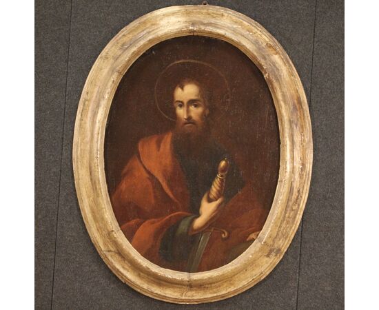 Dipinto italiano ovale religioso del XVII secolo, San Paolo