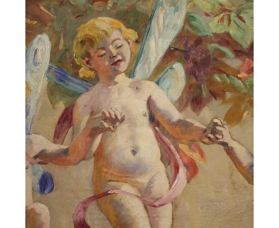 Italian painting Naif games of winged children from 20th century