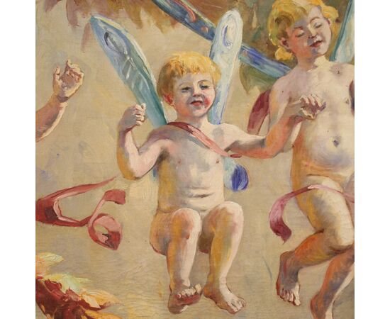 Italian painting Naif games of winged children from 20th century