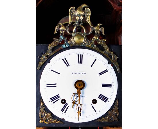 Orologio a colonna francese del 1700 stile provenzale in ciliegio e radica di olmo