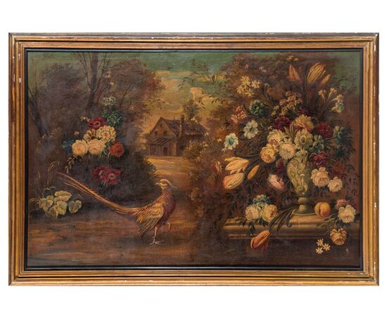 Anonimo dell'inizio del XX secolo Natura morta con vaso di fiori un fagiano e cascinale sullo sfondo