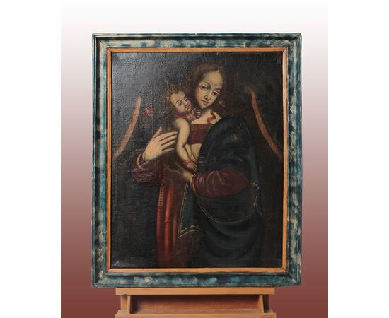 Dipinto Madonna con Bambino Gesù del 1600 Olio su tela italiano con cornice marmorizzata