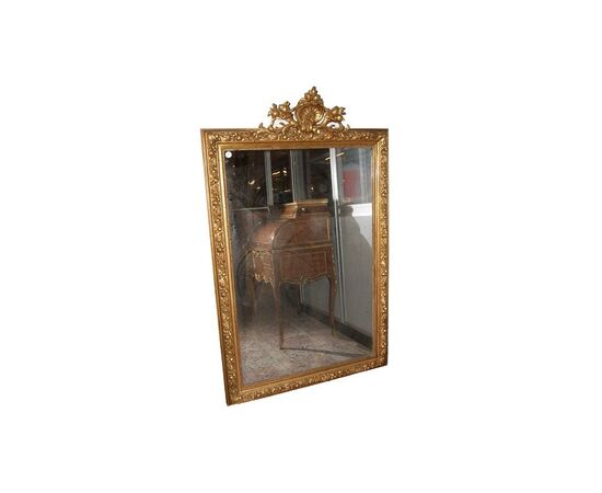Grande specchiera francese dorata foglia oro del 1800 stile Luigi XVI con cimasa 