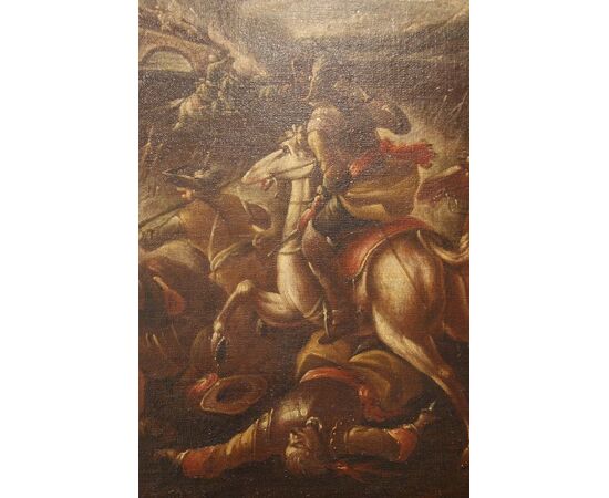 Coppia di oli su tela italiani del 1600 raffiguranti Battaglia