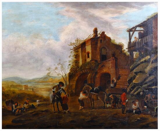 Olio su tela inglese del 1800 raffigurante personaggi paesaggio campestre