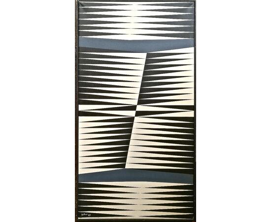 ACRILICO su TELA  di GIULIANO BOTTONI (ARTISTA di FERRARA)   OPTICAL ART   "Composizione 140"  del 1989 75 x 40 cm