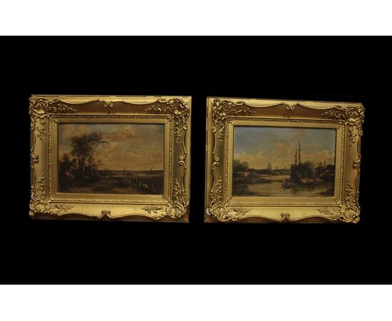 Coppia di Oli su Tela Francesi 1800 Raffigurante Paesaggi Campestri