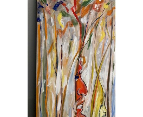 Dipinto di arte contemporanea a smalti policromi su tela . Celaia 1980 mis cm 80 x 80 