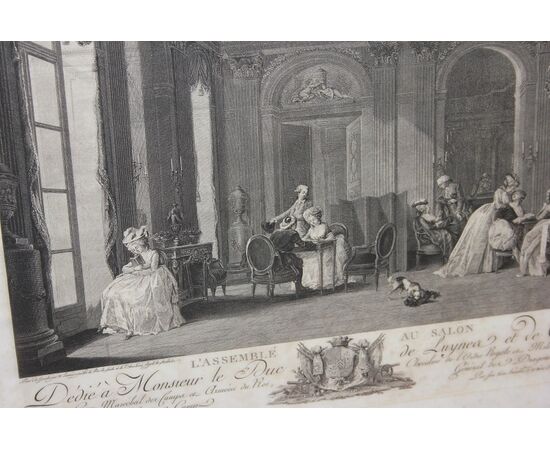 Stampa Francese del 1800 Raffigurante Personaggi Scena di Interni in Salone