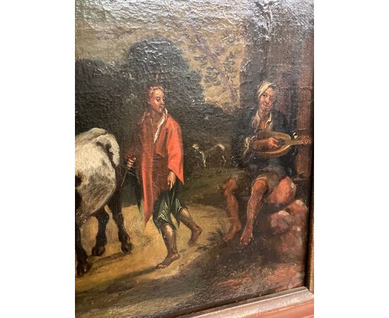 Antico dipinto olio su tela  “Paesaggio con Buoi “ epoca XVII sec Fiammingo. Mis 57 x 37 