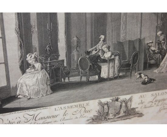 Stampa Francese del 1800 Raffigurante Personaggi Scena di Interni in Salone