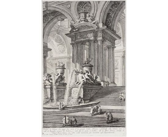 Veduta architettonica di fantasia con archi, sculture e fontane, Pittore vedutista attivo a Roma nel Settecento