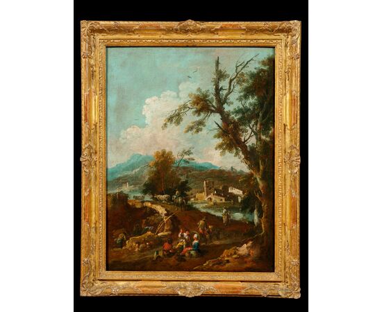 Giuseppe Zais (Forno di Canale  1709 – Treviso,  1784) - Coppia di paesaggi con personaggi e rovine
