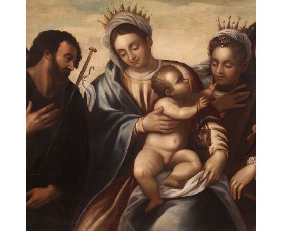 Dipinto veneto religioso del XVI secolo, Madonna col Bambino e Santi con lo Scapolare