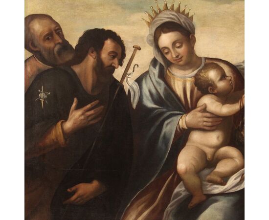 Religious Venetian painting from the 16th century, Madonna with Child and Saints with the Scapular