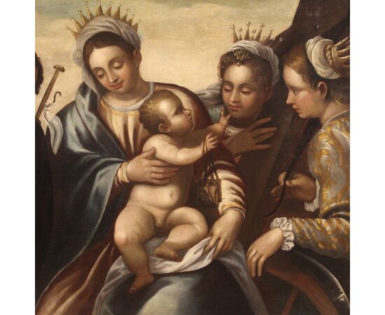 Religious Venetian painting from the 16th century, Madonna with Child and Saints with the Scapular