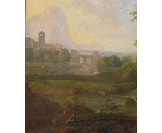 Paesaggio delle campagne romane con architetture e personaggi  Dipinto ad olio su tela  Roma XVIII° secolo
