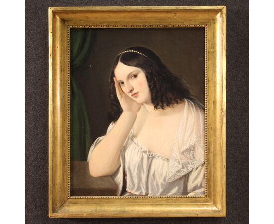 Antique Italian painting portrait of a young lady from the 19th century