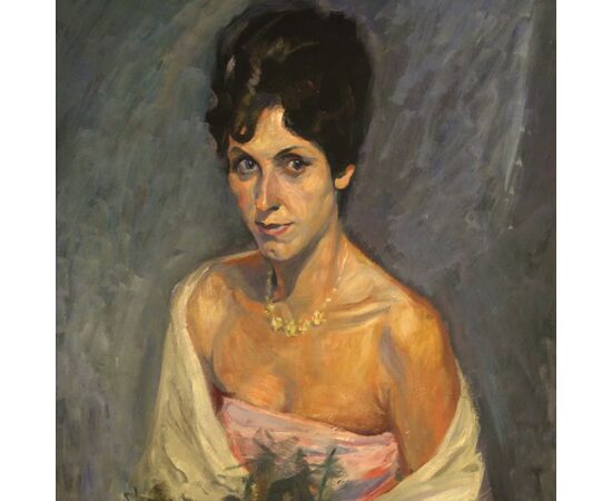 Dipinto ritratto di dama con bouquet di fiori del XX secolo