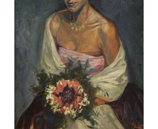Painting portrait of a lady with a bouquet of flowers from 20th century