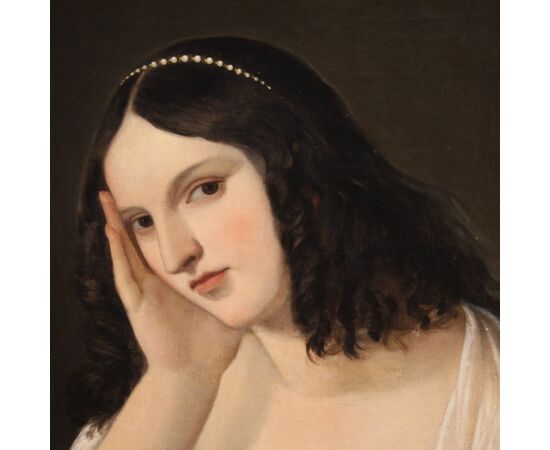 Antique Italian painting portrait of a young lady from the 19th century