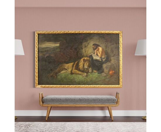 Italian religious painting with frame Saint Jerome with lion 