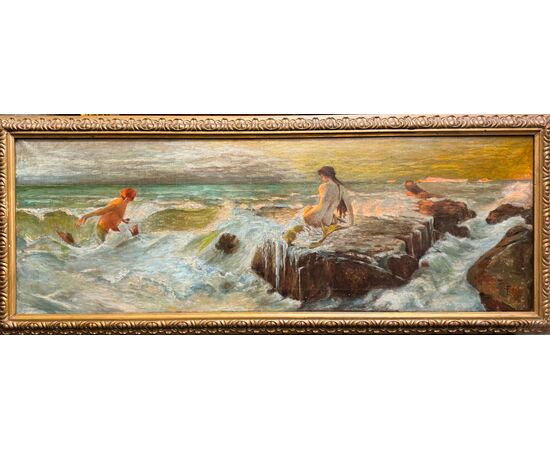 Paesaggio marino mitologico con Sirena e Tritoni, dipinto su tela B.B. KNÜPFER