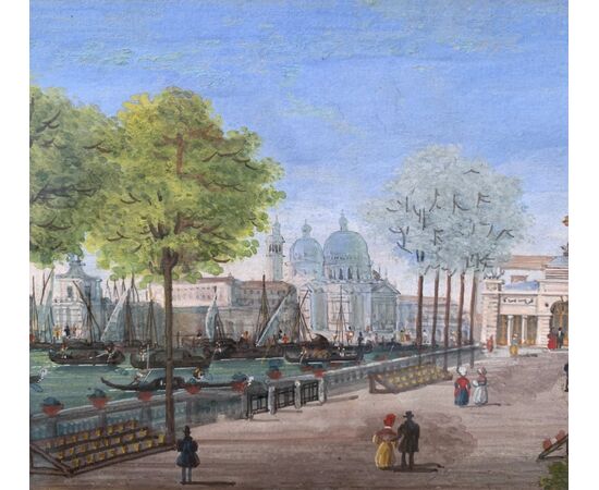 Pittore veneziano (inizio XIX sec.) - Venezia, veduta dei giardini con la Coffee House verso la Basilica di S. M. della Salute.