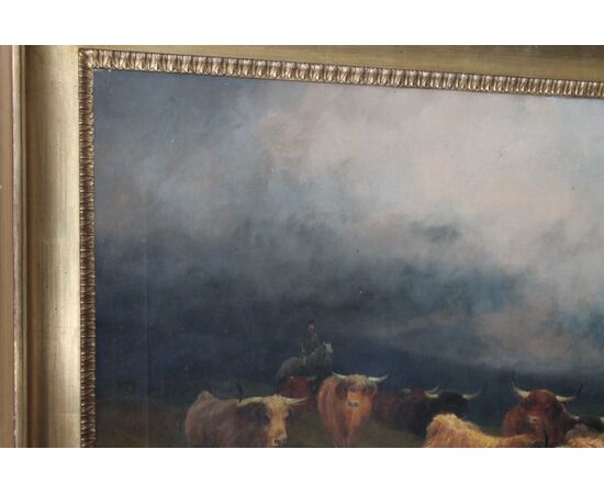 Antico Dipinto paesaggio con mucche Olio Su tela Gibb  Thomas Henry 1887. Mi 106 x 76 