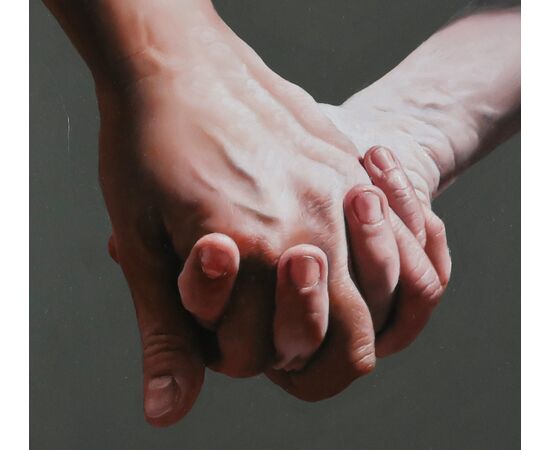 Arte contemporanea Olio su tela” Hold me ” di Filippo Manfroni al confine con l’iperrealismo