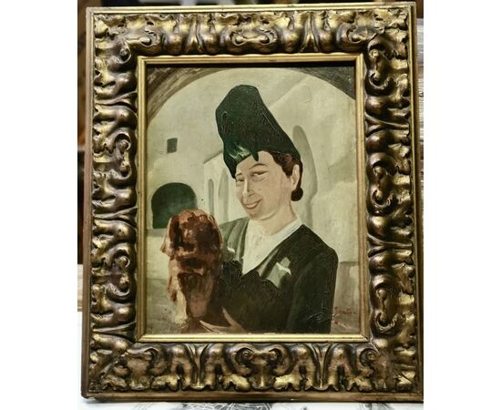 QUADRO olio su tavola di IGINIO SARTORI (1903-1984)  "Donna con cane" del 1943  - CREMONA  46x39,5 con cornice, 34x26