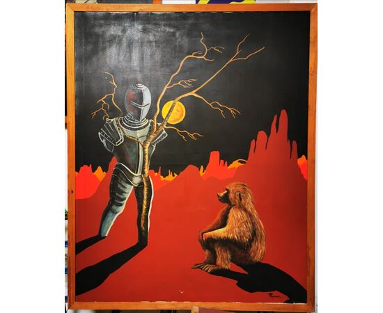"PENSANDO ALL'UOMO" Olio su Tela del 1977 - 127 x 157  - Un babbuino e una armatura vuota. Opera di Paolo Fergnani, artista ferrarese, ora scomparso.