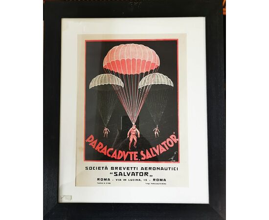 Litografia pubblicitaria futurista su cartoncino. Paracadute SALVATOR. Inserto in cartoncino de "L'Ala d'Italia" 1927 Firmata. Litografia: 27 x 35 cm, Con Cornice: 36 x 44 cm