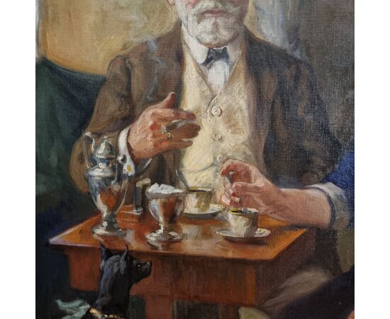 Olio su Tela del 1900: Pausa Caffè con il Cagnino Pinscher grande qualità