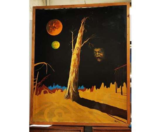 Opera di Paolo Fergnani, artista ferrarese, ora scomparso. "PIANGENDO DEL PASSATO " Olio su Tela del 1977 - 127 x 157 - Un volto terrorizzato e piangente appare nel buio.