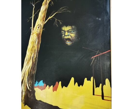 Opera di Paolo Fergnani, artista ferrarese, ora scomparso. "PIANGENDO DEL PASSATO " Olio su Tela del 1977 - 127 x 157 - Un volto terrorizzato e piangente appare nel buio.