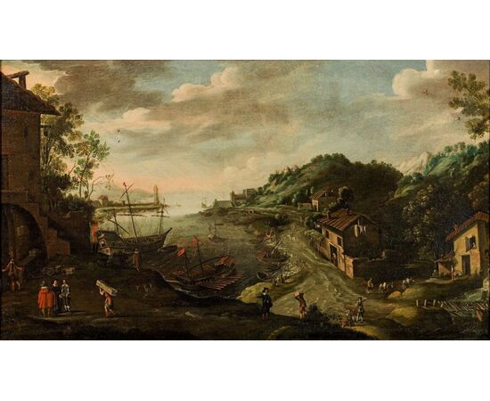 Paesaggio costiero di fantasia, Marten van Valckenborch (Belgio 1535 - Francoforte 1612) cerchia