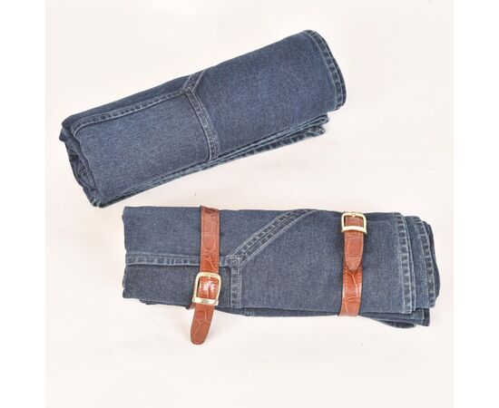 Tovaglia o plaid in jeans con porta-plaid in pelle - B/1440 + B/322 -
