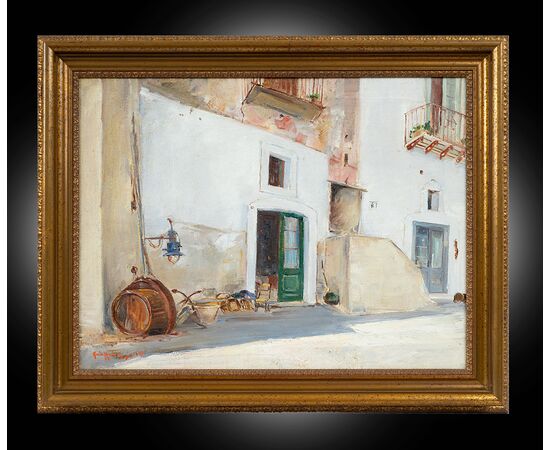 Dipinto antico olio su tela raffigurante cortile rustico firmato "Guido Casciaro 1900-1963".