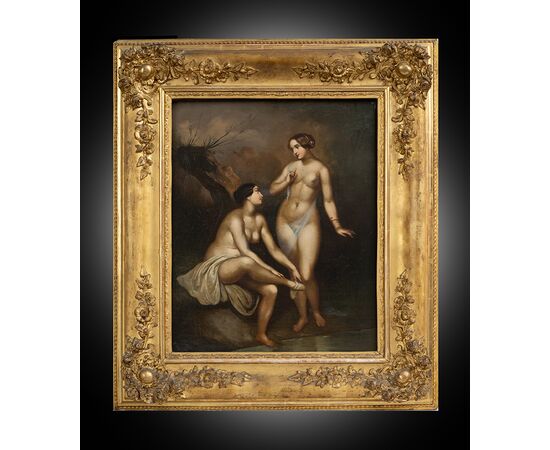 Dipinto antico olio su tela Napoleone III Francese raffigurante Ninfee al bagno. Periodo XIX secolo.